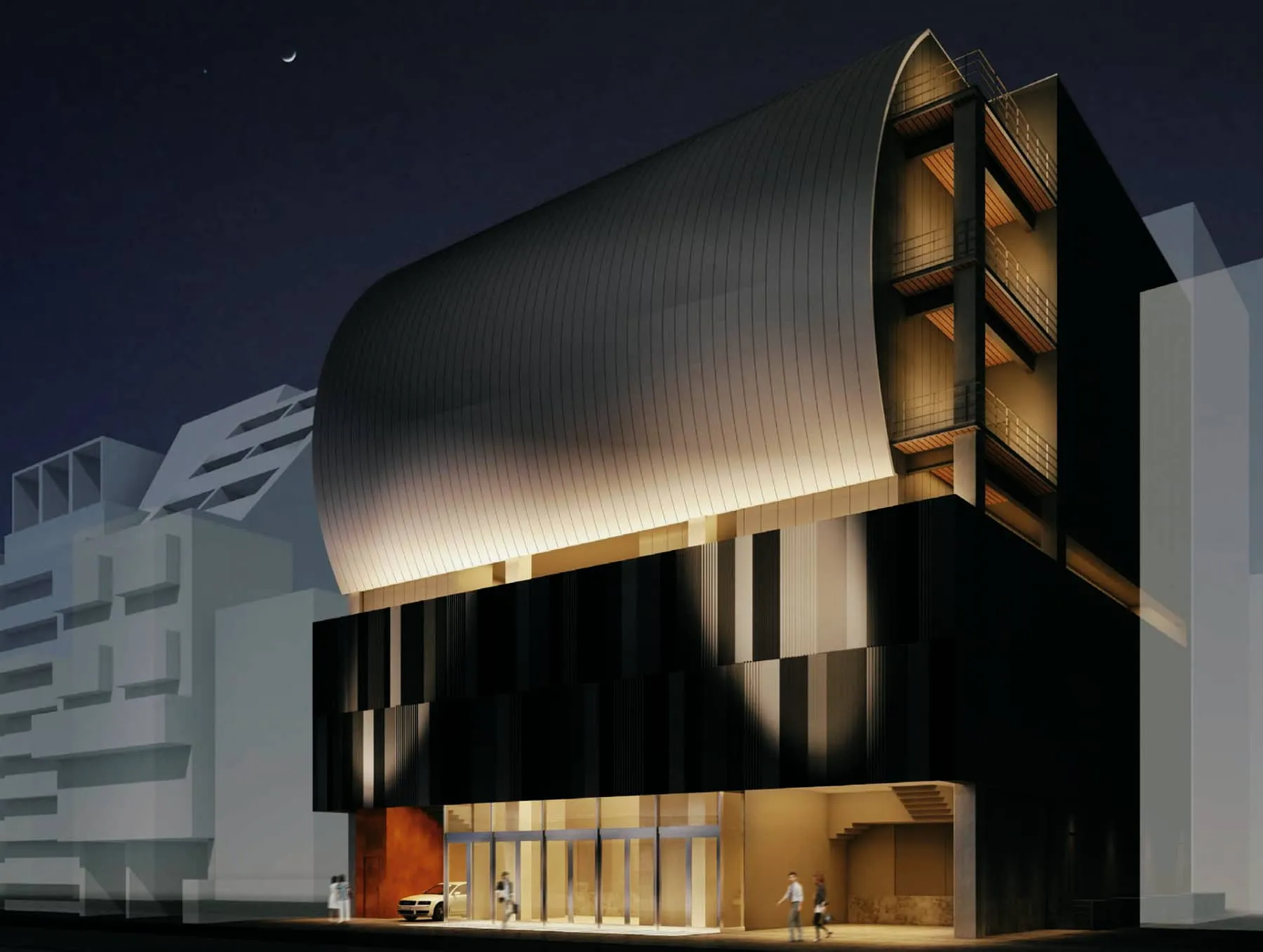 夜の UNITEDLAB の外観。曲面のルーバーで覆われた地上3階建ての建物